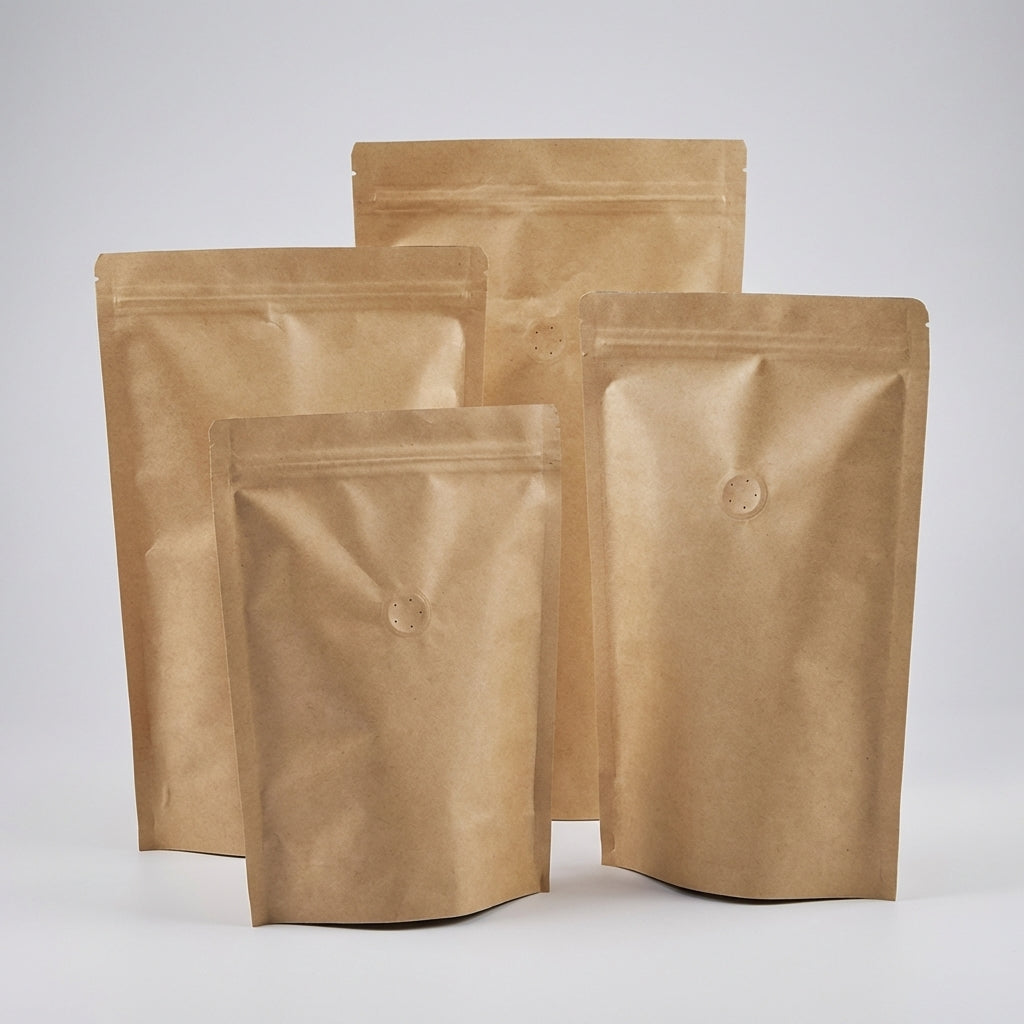Kraft Paper Coffee Bags with Valve — 50 Pack, Resealable Stand-Up Pouches