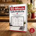 The 60-Minute Cafe Profit Fix e-book mockup in a rustic cafe setting